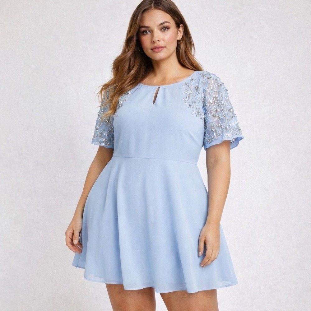 River Island Blue Embellished Sleeve Chiffon Mini Dress US‎ 12 No Belt NWT Tag